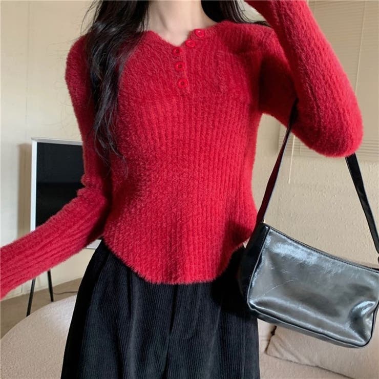 シャギーニット ヘンリーネック トップス ふわふわ ショート丈 秋冬 | Beststore | 詳細画像12 
