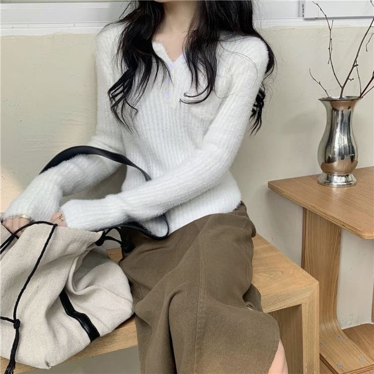 ホワイト | シャギーニット ヘンリーネック トップス ふわふわ ショート丈 秋冬 | Beststore