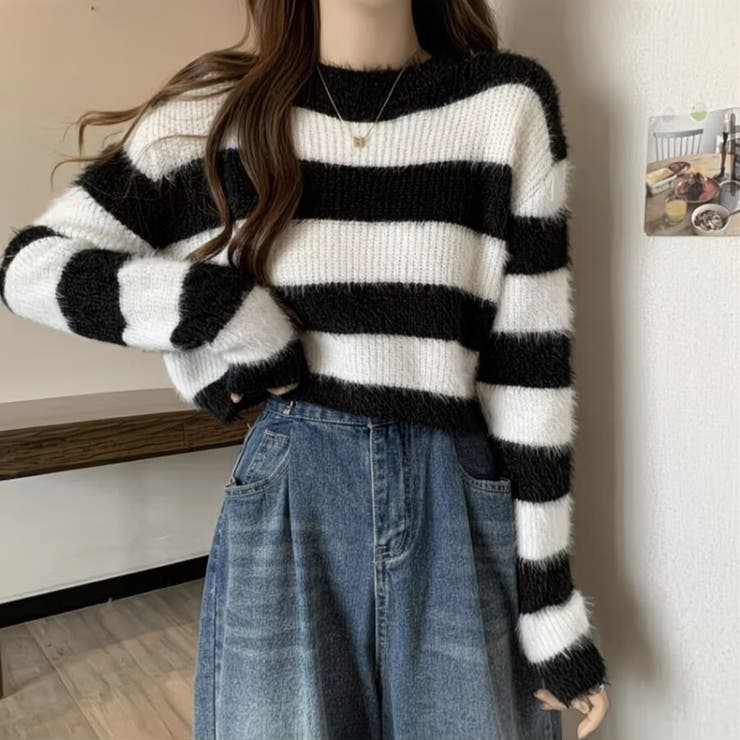ボーダー柄 シャギーニット トップス 短丈 ゆったり ふんわり | Beststore | 詳細画像11 