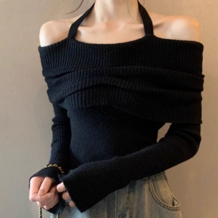 ブラック | オフショルダー & ホルターネック クロスリブニット トップス | Beststore