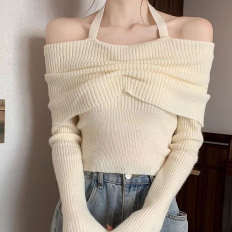 アイボリー | オフショルダー & ホルターネック クロスリブニット トップス | Beststore