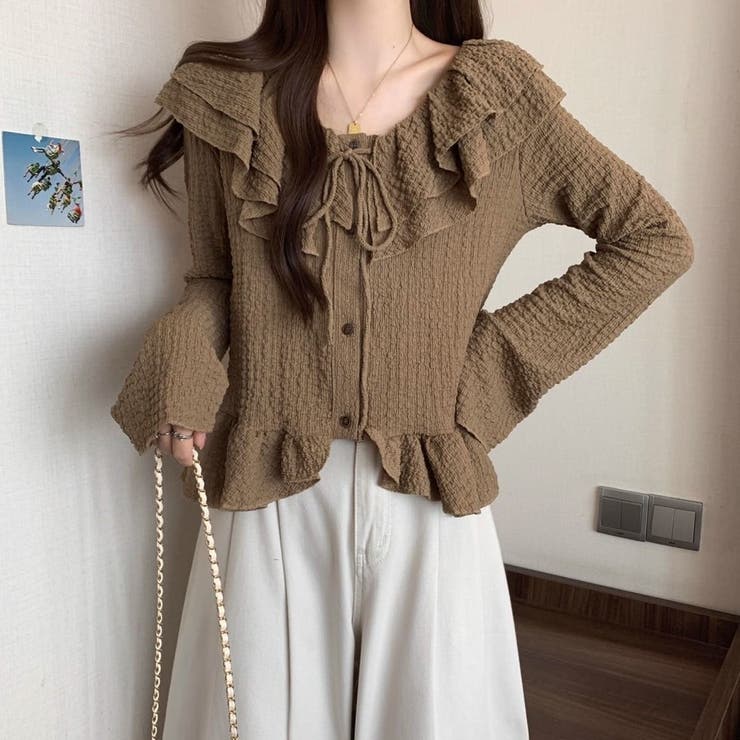 くしゅくしゅエンボス生地と大ぶりフリルが大人可愛い♡ 前リボンブラウス カーディ… | Beststore | 詳細画像9 