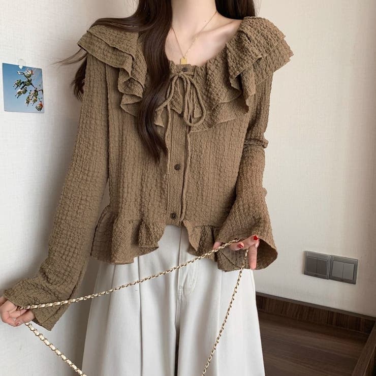 くしゅくしゅエンボス生地と大ぶりフリルが大人可愛い♡ 前リボンブラウス カーディ… | Beststore | 詳細画像10 