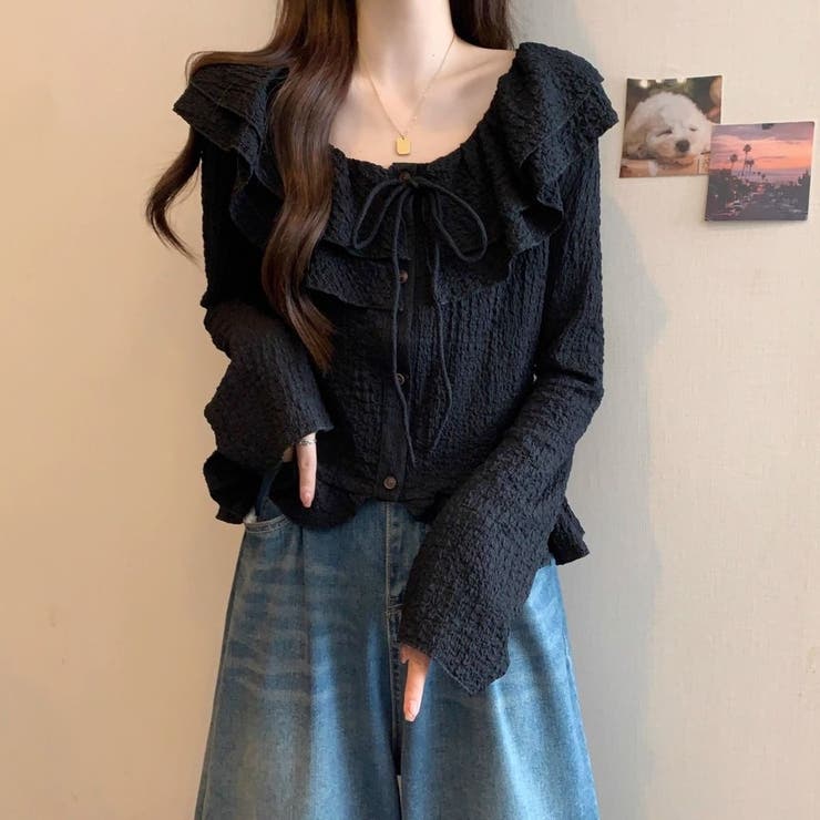 くしゅくしゅエンボス生地と大ぶりフリルが大人可愛い♡ 前リボンブラウス カーディ… | Beststore | 詳細画像11 