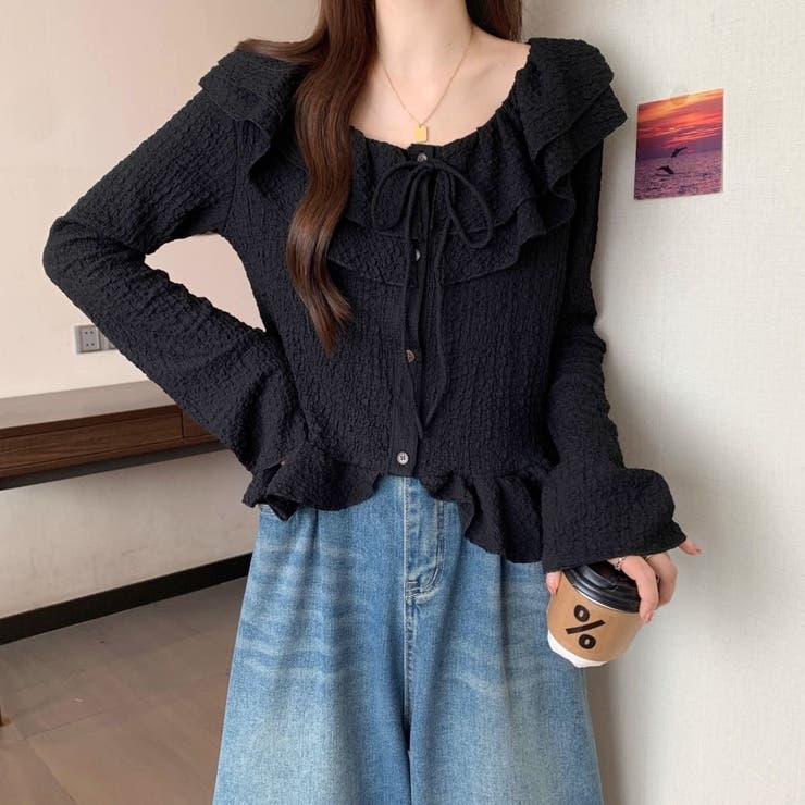 くしゅくしゅエンボス生地と大ぶりフリルが大人可愛い♡ 前リボンブラウス カーディ… | Beststore | 詳細画像13 