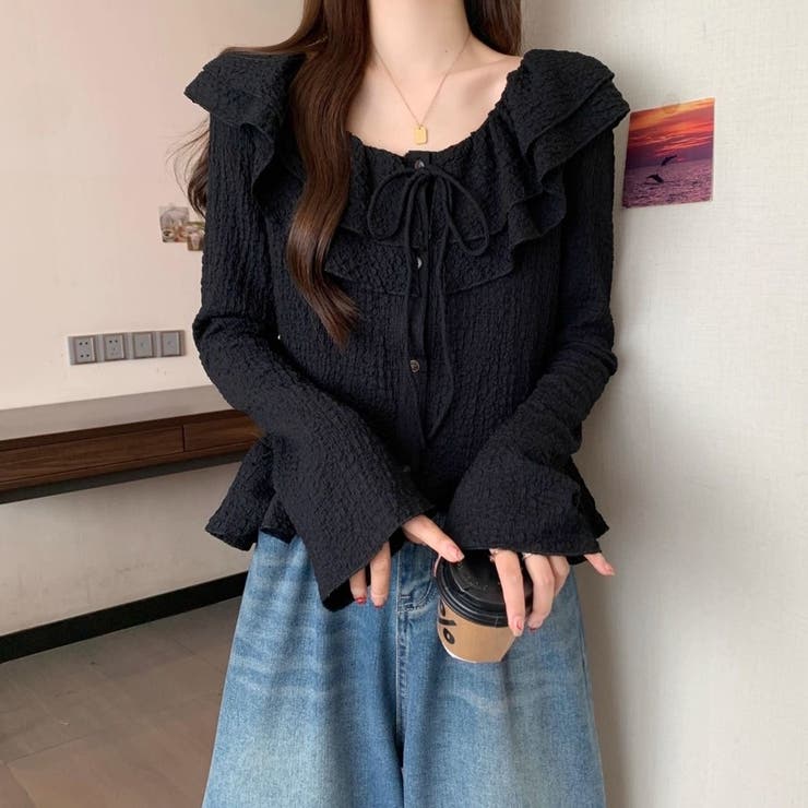 くしゅくしゅエンボス生地と大ぶりフリルが大人可愛い♡ 前リボンブラウス カーディ… | Beststore | 詳細画像14 