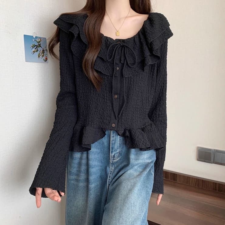 くしゅくしゅエンボス生地と大ぶりフリルが大人可愛い♡ 前リボンブラウス カーディ… | Beststore | 詳細画像17 