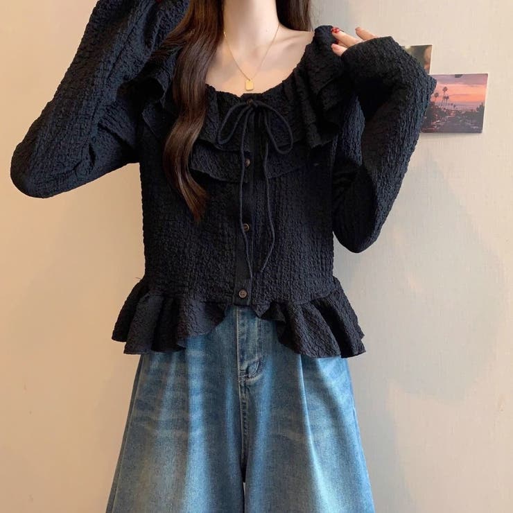 くしゅくしゅエンボス生地と大ぶりフリルが大人可愛い♡ 前リボンブラウス カーディ… | Beststore | 詳細画像18 