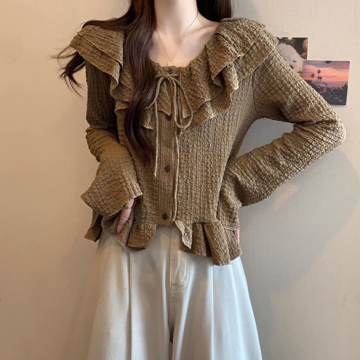 くしゅくしゅエンボス生地と大ぶりフリルが大人可愛い♡ 前リボンブラウス カーディ… | Beststore | 詳細画像4 