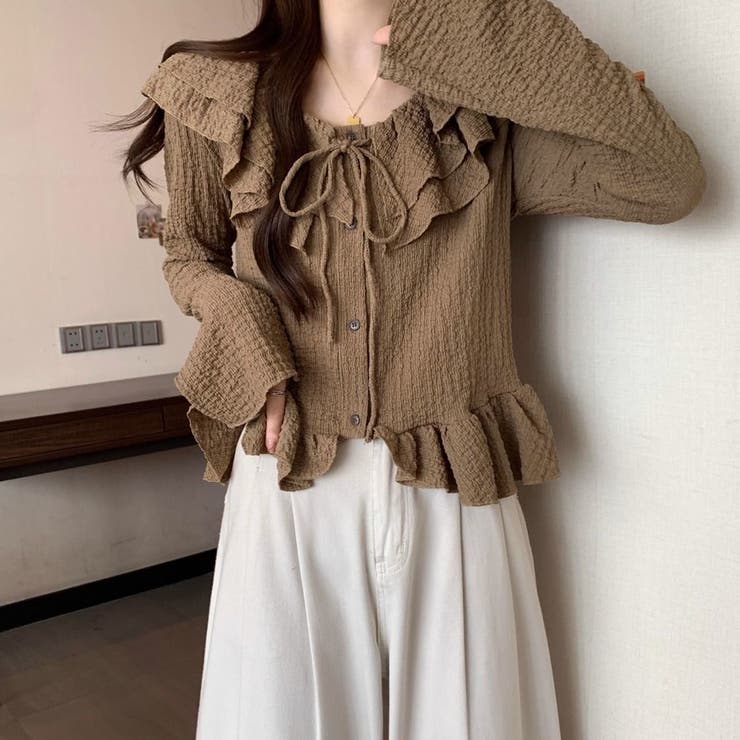 くしゅくしゅエンボス生地と大ぶりフリルが大人可愛い♡ 前リボンブラウス カーディ… | Beststore | 詳細画像7 