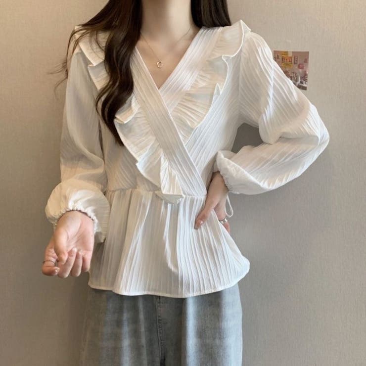 ホワイト | プリーツフリル カシュクールブラウス レディース | Beststore