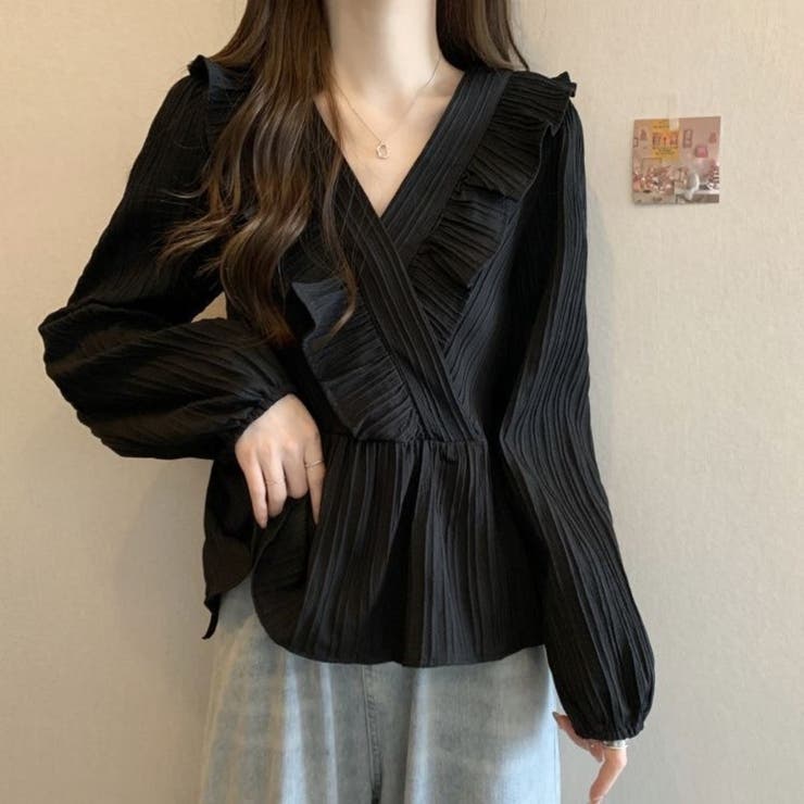 ブラック | プリーツフリル カシュクールブラウス レディース | Beststore