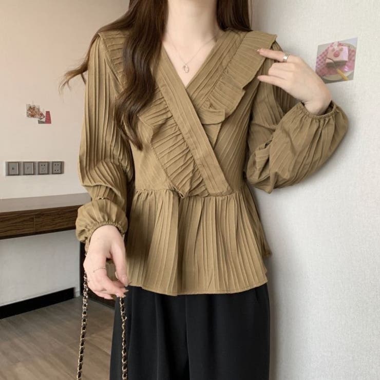 カーキ | プリーツフリル カシュクールブラウス レディース | Beststore