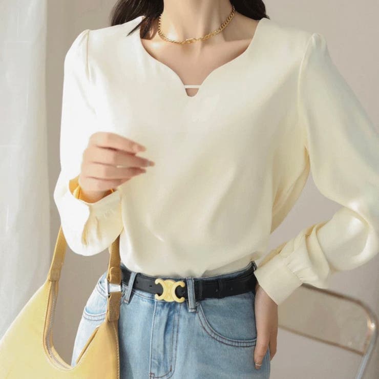 アイボリー | 【上品きれいめ】キーネック 長袖 ブラウス | Beststore