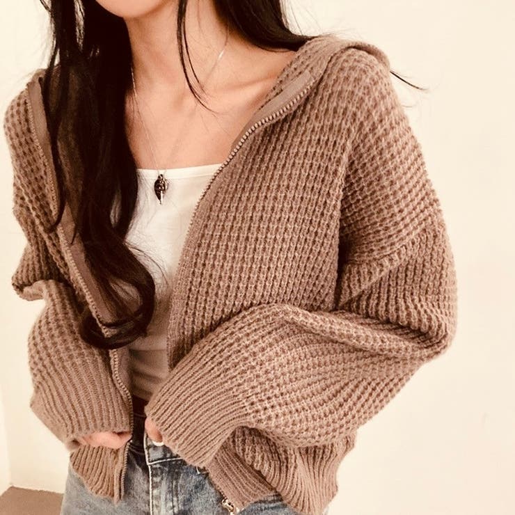 ベージュ | ワッフルニット ジップアップパーカー ショート丈 | Beststore