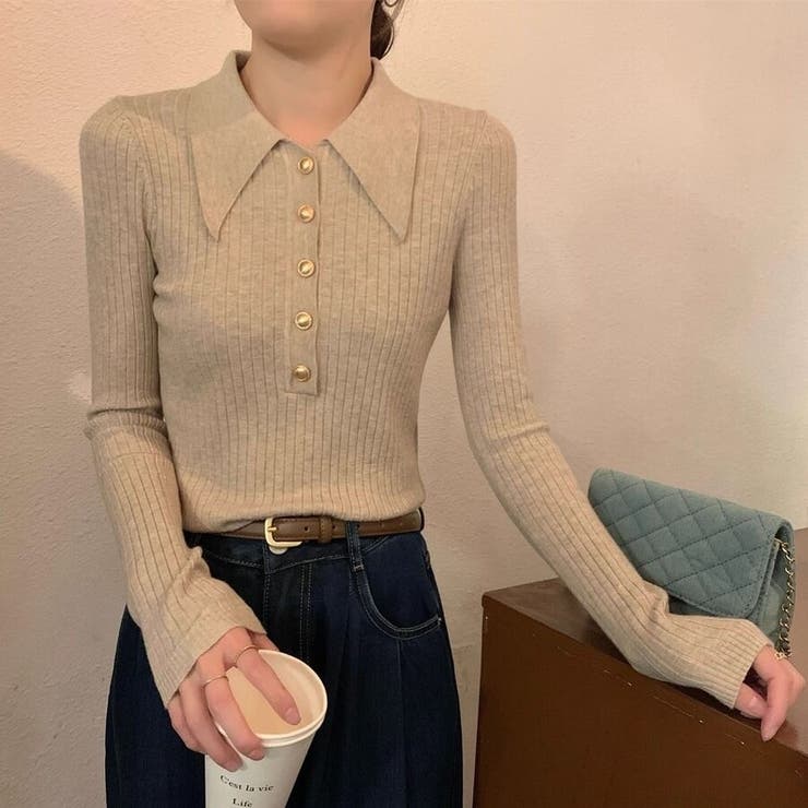 大襟×金ボタンで上品に パワショル風 リブニット長袖ポロ | Beststore | 詳細画像14 