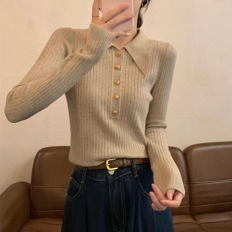大襟×金ボタンで上品に パワショル風 リブニット長袖ポロ | Beststore | 詳細画像20 