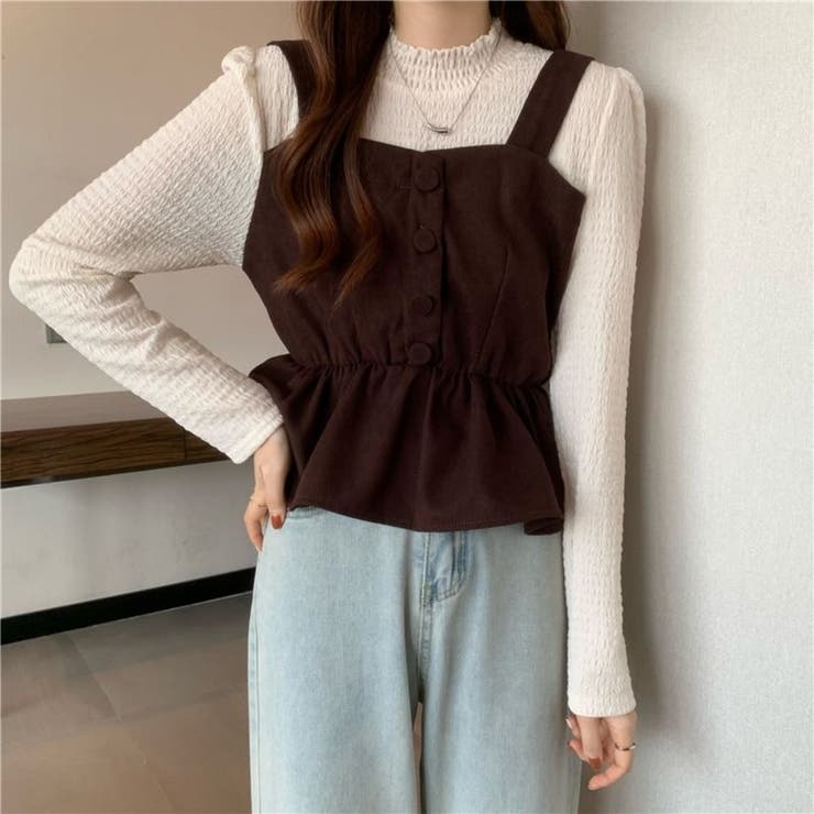 【1枚で決まる】レイヤード風 シャーリングトップス × ペプラムビスチェ | Beststore | 詳細画像8 