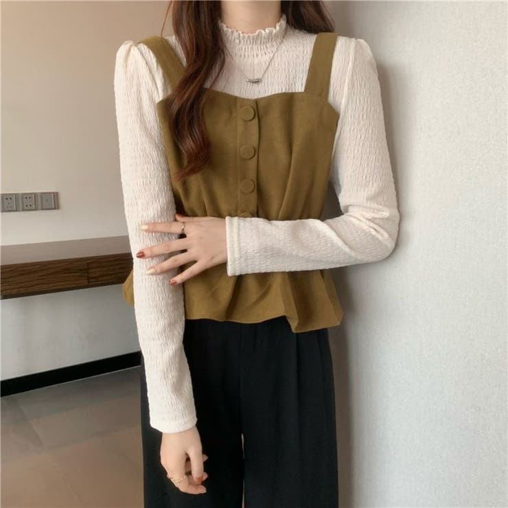 【1枚で決まる】レイヤード風 シャーリングトップス × ペプラムビスチェ | Beststore | 詳細画像4 