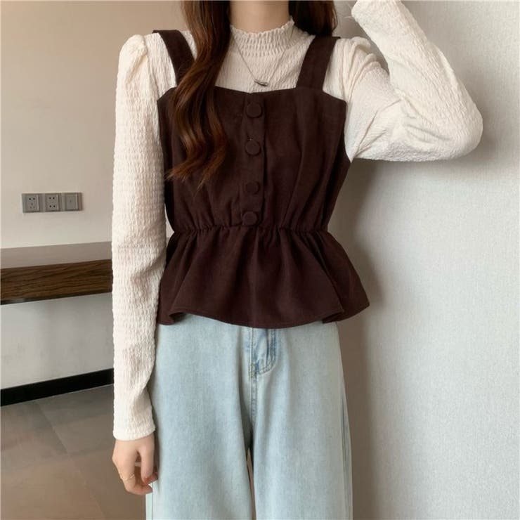【1枚で決まる】レイヤード風 シャーリングトップス × ペプラムビスチェ | Beststore | 詳細画像5 