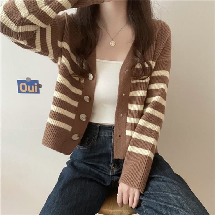 ボーダー柄 Vネック ニットカーディガン ルーズシルエット ショット | Beststore | 詳細画像9 