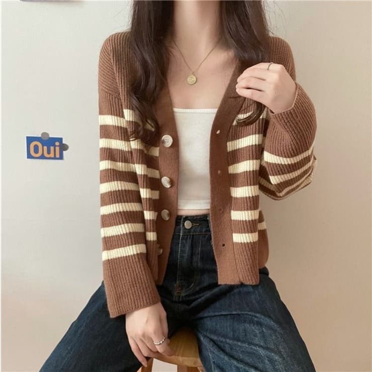 ボーダー柄 Vネック ニットカーディガン ルーズシルエット ショット | Beststore | 詳細画像10 