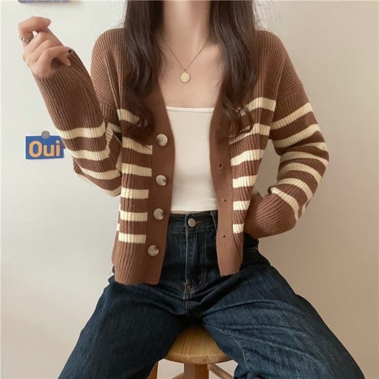 ボーダー柄 Vネック ニットカーディガン ルーズシルエット ショット | Beststore | 詳細画像11 