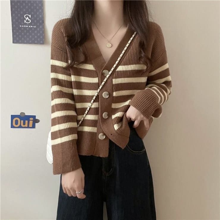 ボーダー柄 Vネック ニットカーディガン ルーズシルエット ショット | Beststore | 詳細画像13 