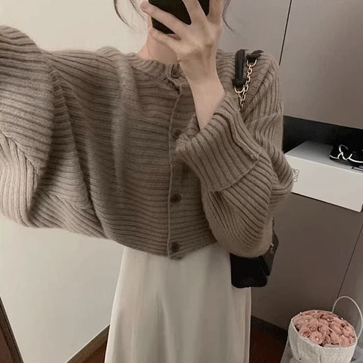 グレージュ | 【全8色】クロップド丈 リブニット ドルマンカーディガン ボリューム袖 | Beststore
