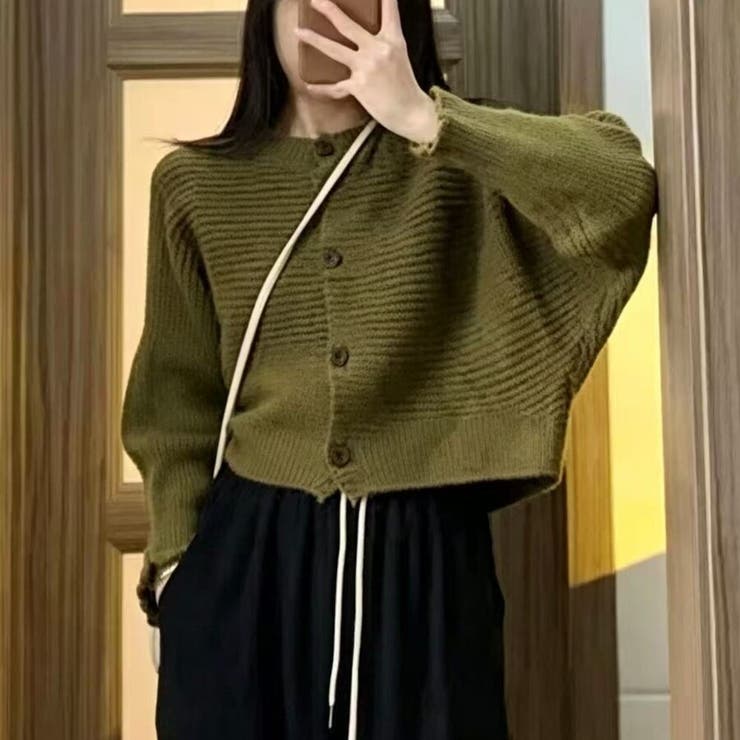 カーキ | 【全8色】クロップド丈 リブニット ドルマンカーディガン ボリューム袖 | Beststore