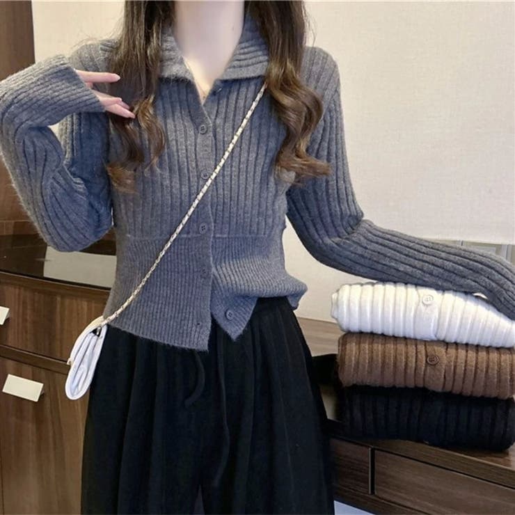 グレー | 襟付きリブニットカーディガン ウエスト切り替え ショート丈 長袖 | Beststore