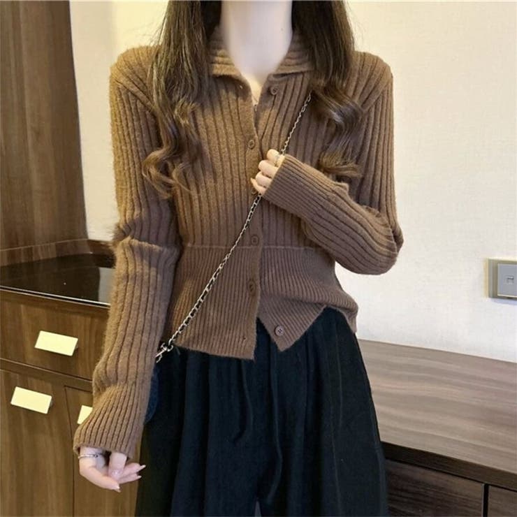 襟付きリブニットカーディガン ウエスト切り替え ショート丈 長袖 | Beststore | 詳細画像10 