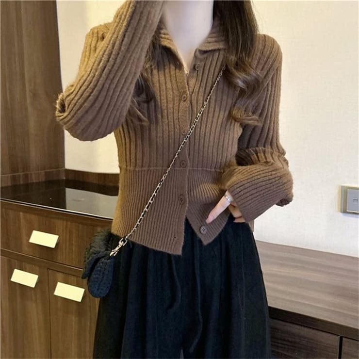 襟付きリブニットカーディガン ウエスト切り替え ショート丈 長袖 | Beststore | 詳細画像12 