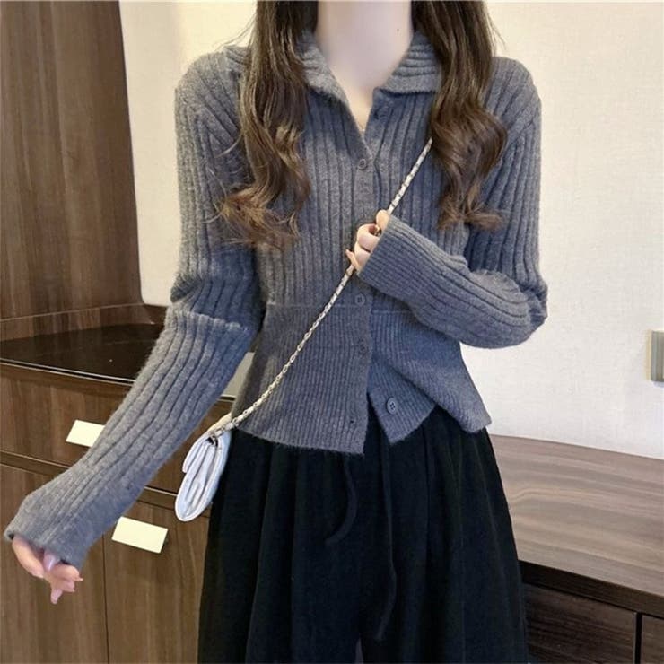 襟付きリブニットカーディガン ウエスト切り替え ショート丈 長袖 | Beststore | 詳細画像1 