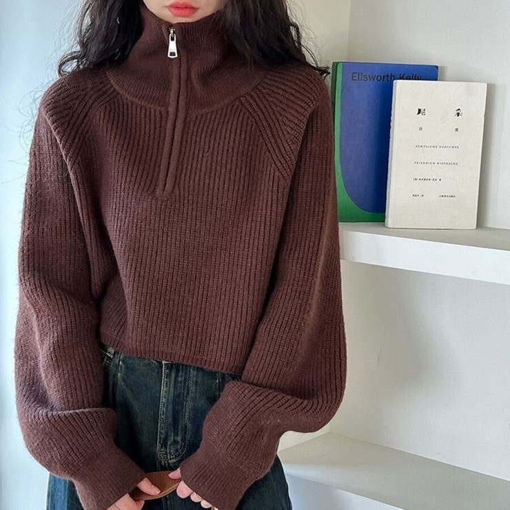 ハーフジップ ニットトップス ざっくり編み ハイネック ショート丈 秋冬 | Beststore | 詳細画像2 