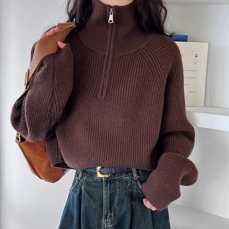 ハーフジップ ニットトップス ざっくり編み ハイネック ショート丈 秋冬 | Beststore | 詳細画像3 
