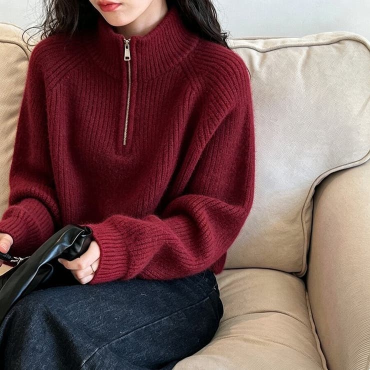 ハーフジップ ニットトップス ざっくり編み ハイネック ショート丈 秋冬 | Beststore | 詳細画像8 