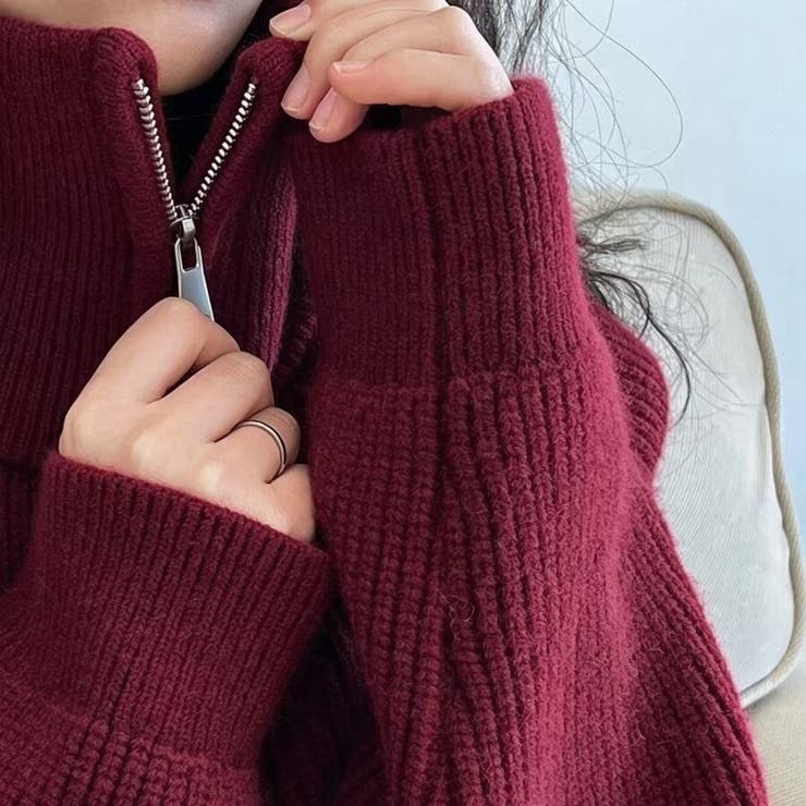 ハーフジップ ニットトップス ざっくり編み ハイネック ショート丈 秋冬 | Beststore | 詳細画像16 