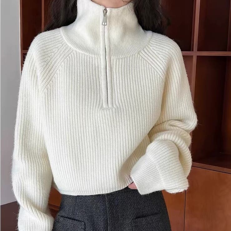 ハーフジップ ニットトップス ざっくり編み ハイネック ショート丈 秋冬 | Beststore | 詳細画像18 