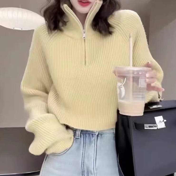 クリームイエロー | ハーフジップ ニットトップス ざっくり編み ハイネック ショート丈 秋冬 | Beststore