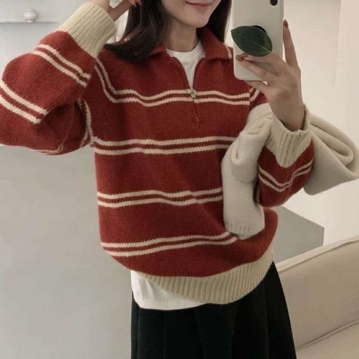 ワインレッド | ボーダー柄 ハーフジップニット プルオーバー 襟付き セーター レディース | Beststore