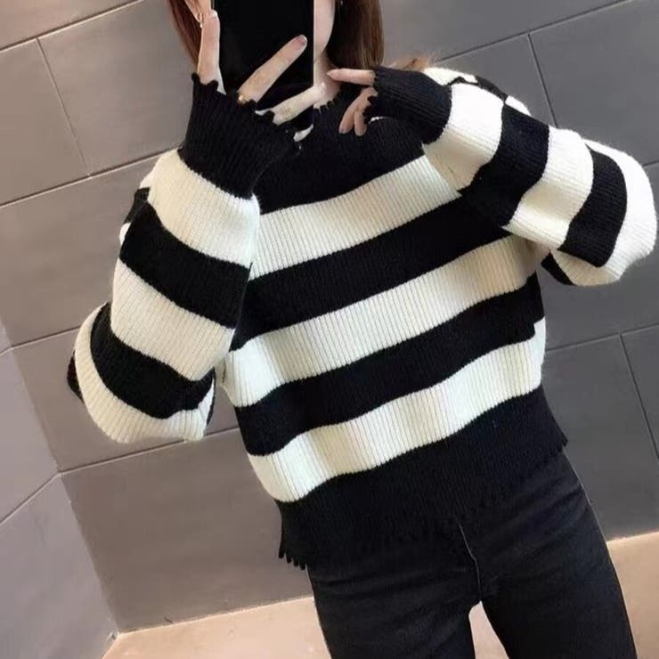 ブラック | ダメージ加工 ボーダー柄 クルーネック | Beststore