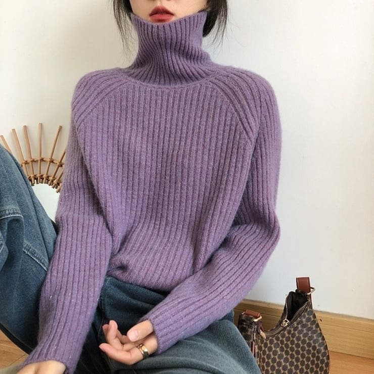 パープル | 【全10色】ふんわり暖か リブ編みタートルネックニットトップス ラグランスリーブ | Beststore