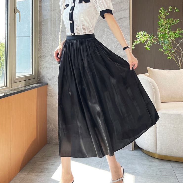 フレアスカート マットサテン ロングスカート揺れる[品番