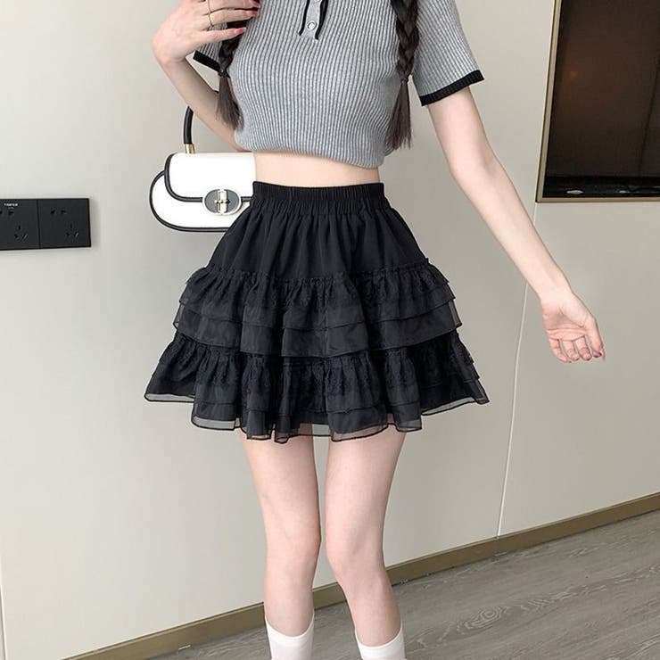 ブラック | ボリュームフリル ミニ丈 ティアードスカート（インナーパンツ付） | Beststore