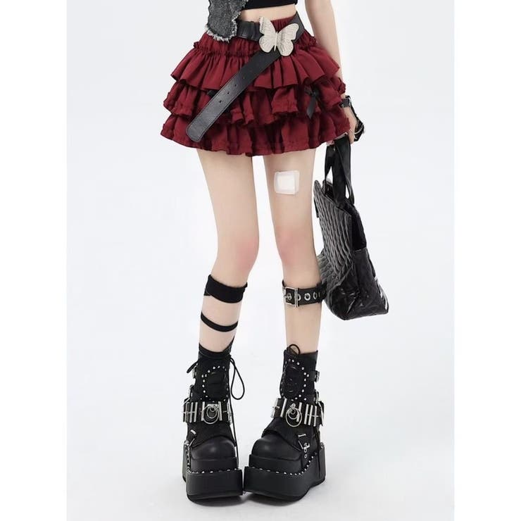 レッド | 地雷系女子必見♡ 激カワ3段フリル ティアードミニスカート（インナーパンツ付き）… | Beststore