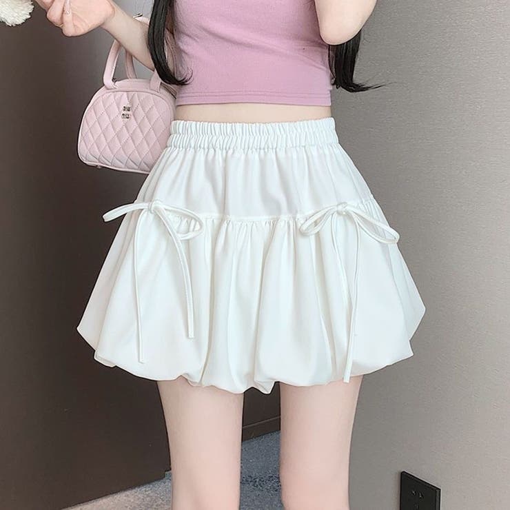 ホワイト | リボン付き バブルバルーンスカート ミニスカート 裏地パンツ付き | Beststore