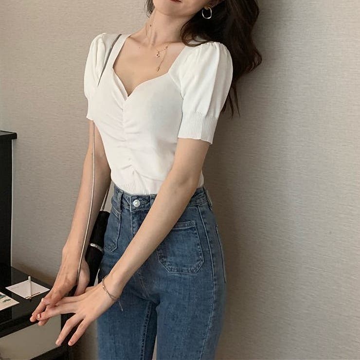 ホワイト | ニットソー半袖 ショートｖネック ニットソー | Beststore