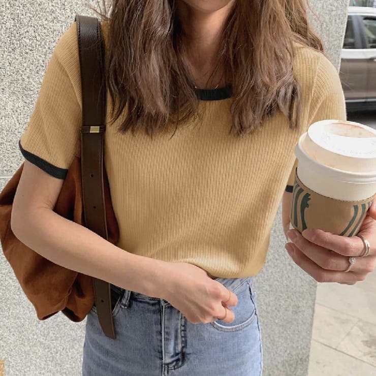キャメル | バイカラーリブカットソー 韓国ファッション tシャツ | Beststore