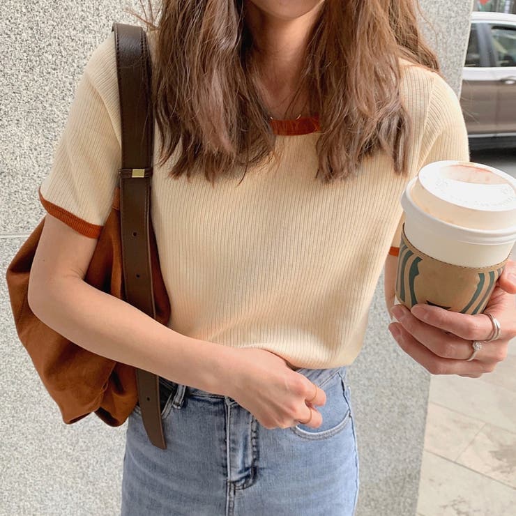 バイカラーリブカットソー 韓国ファッション tシャツ[品番